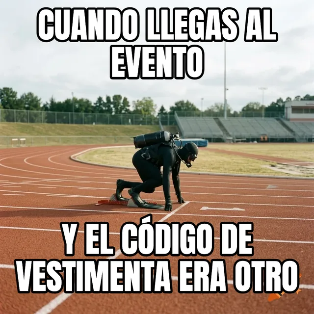 Cuando llegas al evento / Y el código de vestimenta era otro – Buzo en una pista de atletismo