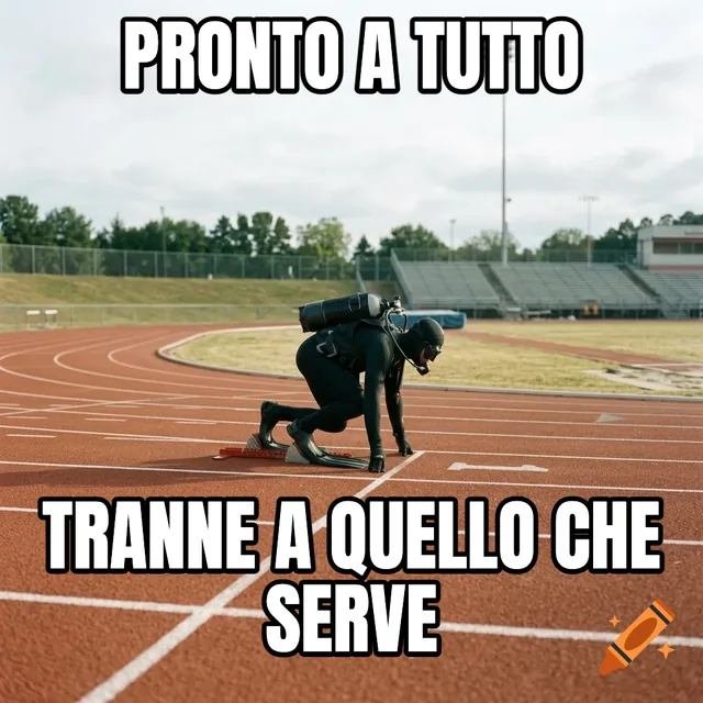 Pronto a tutto / Tranne a quello che serve – Subacqueo su una pista di atletica