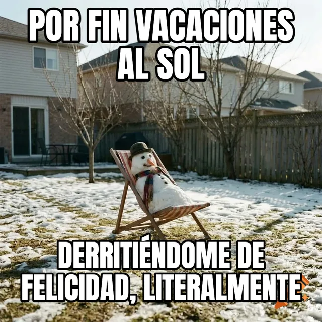 Por fin vacaciones al sol / Derritiéndome de felicidad, literalmente – Muñeco de nieve en silla de playa