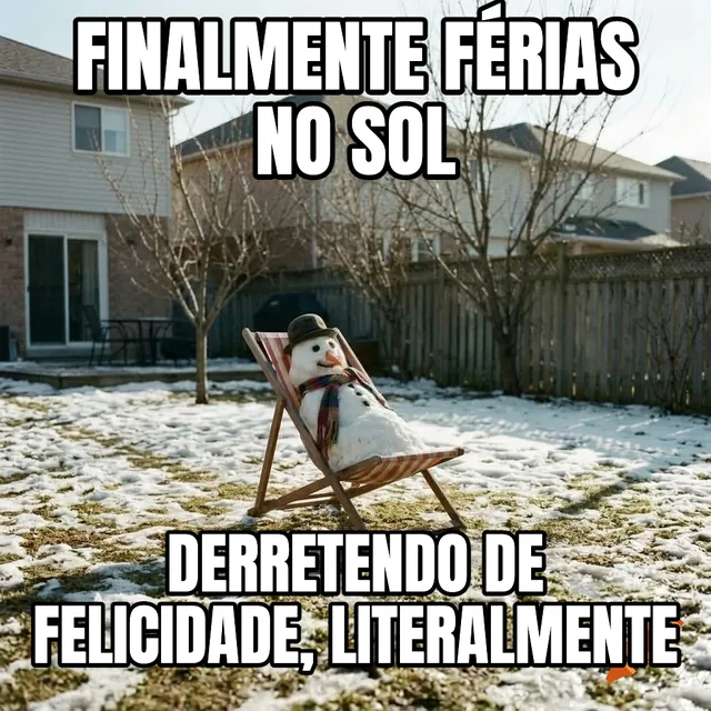 Finalmente férias no sol / Derretendo de felicidade, literalmente – Boneco de neve em cadeira de praia