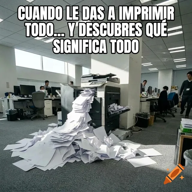 Cuando le das a imprimir todo… Y descubres qué significa todo – Impresora desbordada de papel blanco