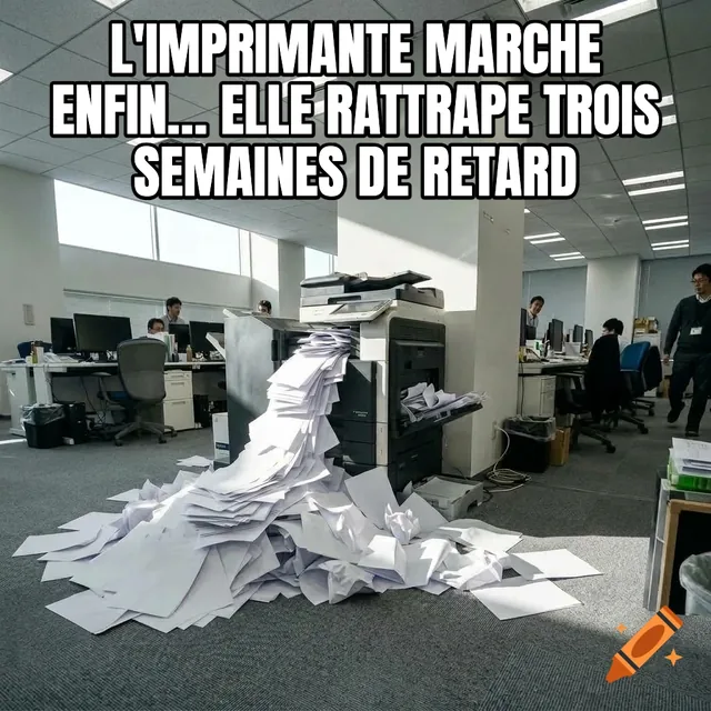 L'imprimante marche enfin… Elle rattrape trois semaines de retard – Imprimante débordant de papier blanc