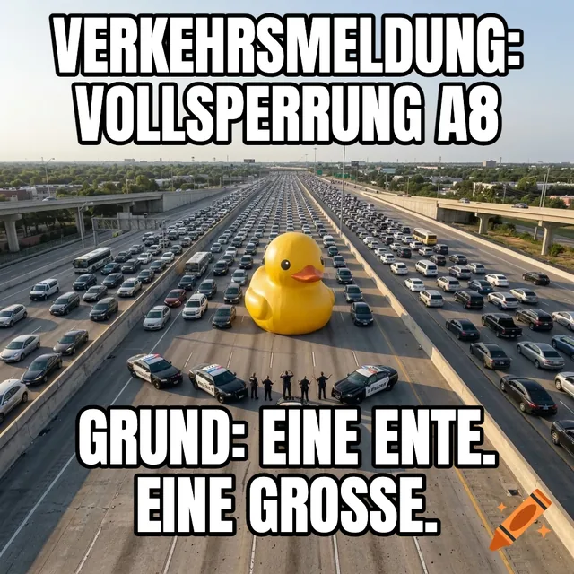 Verkehrsmeldung: Vollsperrung A8 / Grund: eine Ente. Eine große. – Riesige Quietscheente blockiert die Autobahn