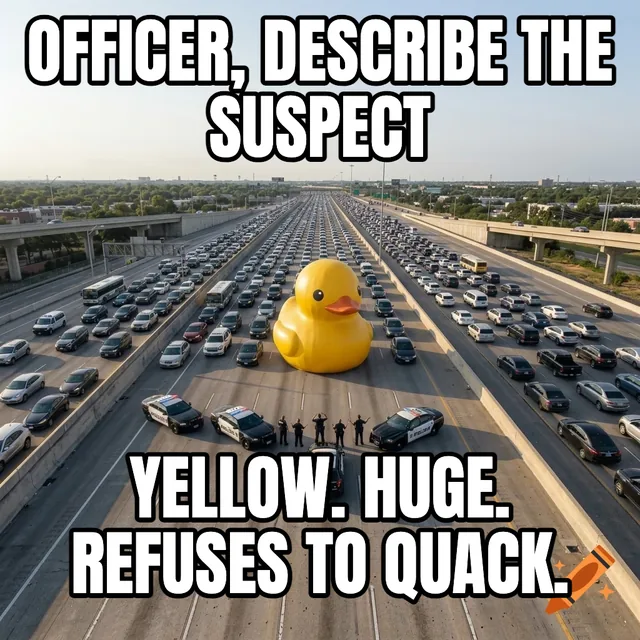 Officer, describe the suspect / Yellow. Huge. Refuses to quack. – Giant Rubber Duck Blocking Highway Traffic