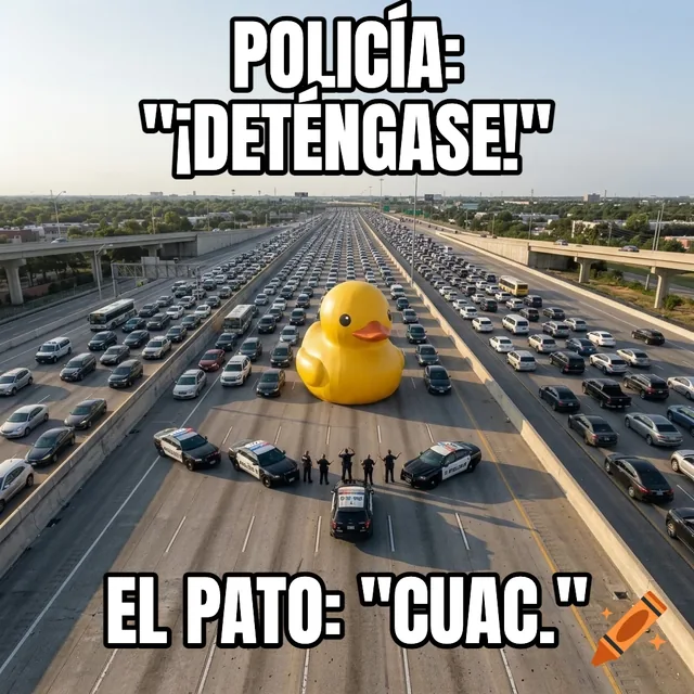 Policía: "¡Deténgase!" / El pato: "Cuac." – Pato de goma gigante bloqueando la autopista