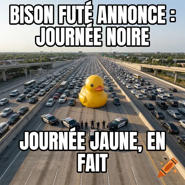 Bison Futé annonce : journée noire / Journée jaune, en fait – Canard en plastique géant bloquant l'autoroute