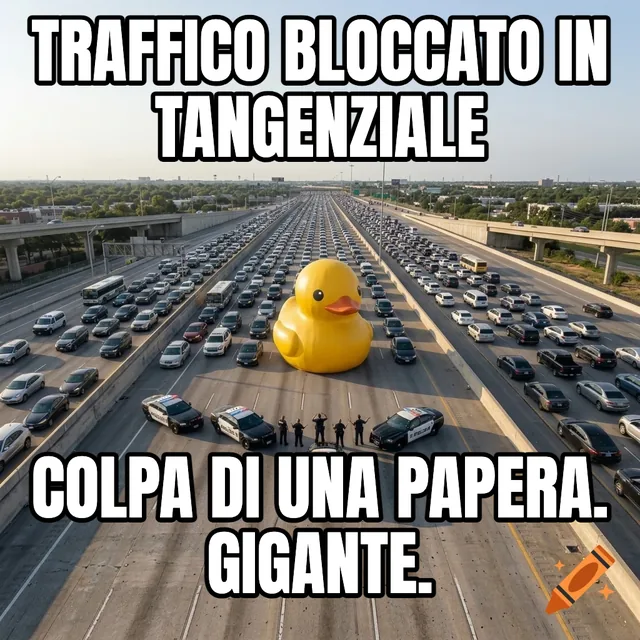 Traffico bloccato in tangenziale / Colpa di una papera. Gigante. – Papera di gomma gigante che blocca l'autostrada