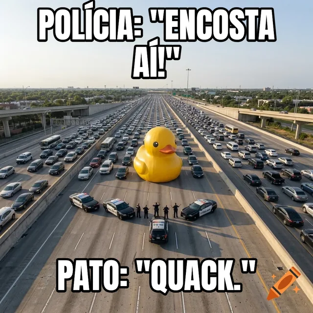 Polícia: "Encosta aí!" / Pato: "Quack." – Pato de borracha gigante bloqueando a rodovia