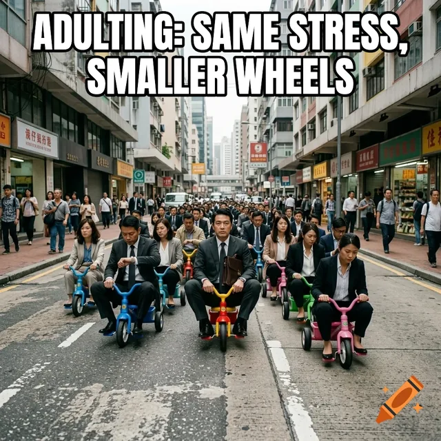 Adulting: same stress, smaller wheels – Professionals Riding Tricycles in City