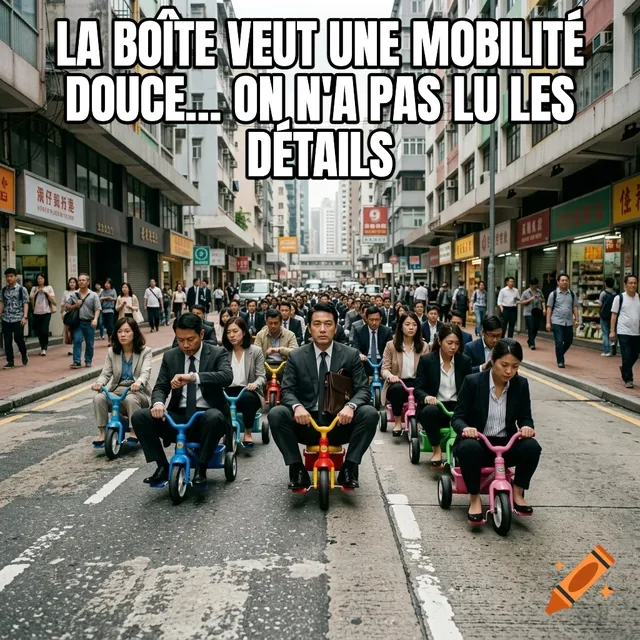 La boîte veut une mobilité douce… On n'a pas lu les détails – Professionnels faisant du tricycle en ville