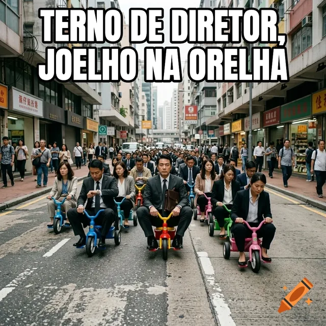 Terno de diretor, joelho na orelha – Profissionais andando de triciclo na cidade