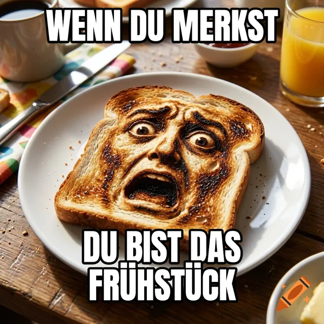 Wenn du merkst / Du bist das Frühstück – Entsetztes Toastbrot am Frühstückstisch