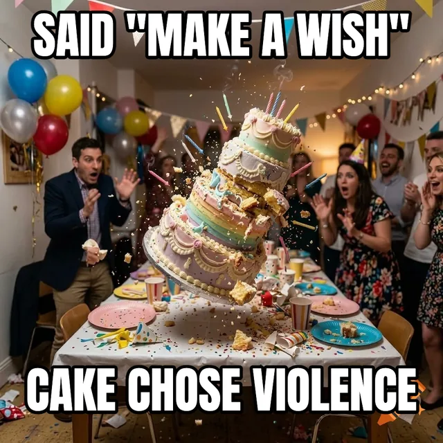 Said "make a wish" / Cake chose violence – Birthday Cake Collapsing at Party