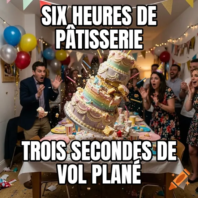 Six heures de pâtisserie / Trois secondes de vol plané – Gâteau d'anniversaire s'effondrant à la fête