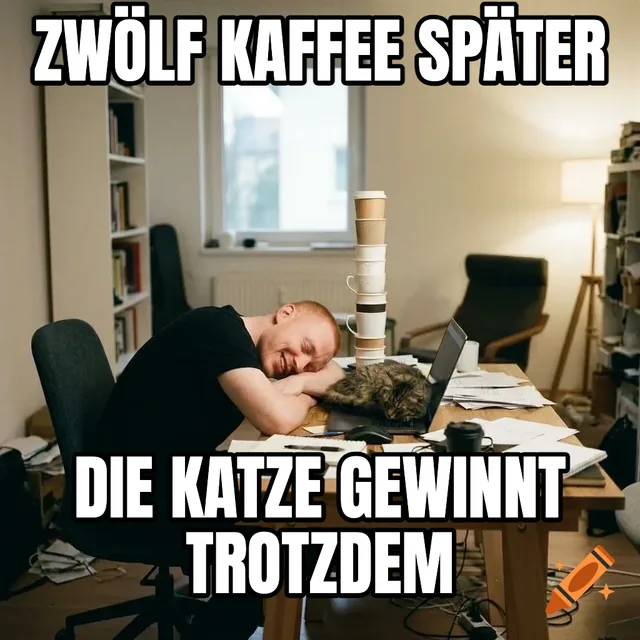 Zwölf Kaffee später / Die Katze gewinnt trotzdem – Mann schläft am Schreibtisch mit Katze