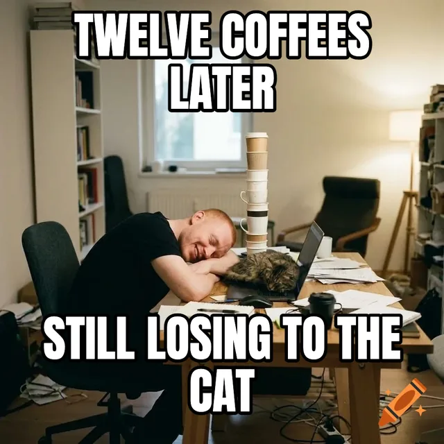 Twelve coffees later / Still losing to the cat – Man Sleeping at Desk with Cat
