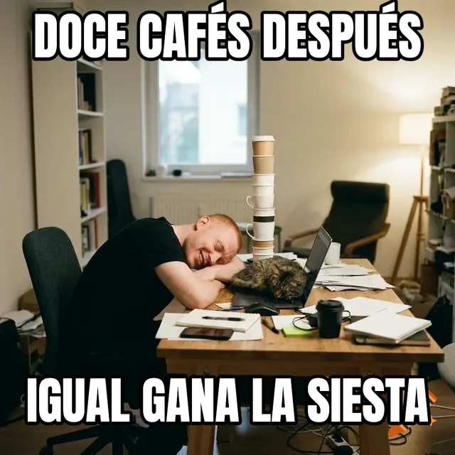 Doce cafés después / Igual gana la siesta – Hombre durmiendo en el escritorio con gato