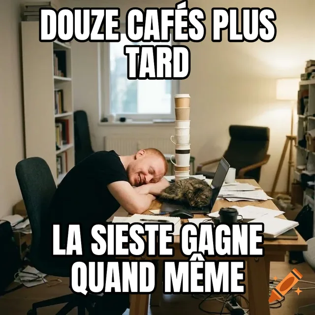 Douze cafés plus tard / La sieste gagne quand même – Homme dormant au bureau avec un chat