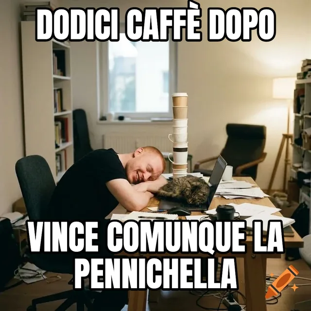 Dodici caffè dopo / Vince comunque la pennichella – Uomo che dorme alla scrivania con gatto