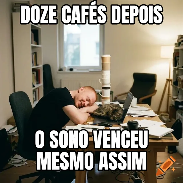 Doze cafés depois / O sono venceu mesmo assim – Homem dormindo na mesa com um gato