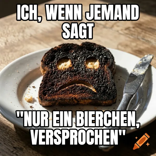 Ich, wenn jemand sagt / "Nur ein Bierchen, versprochen" – Verbrannter Toast mit einem traurigen Gesicht