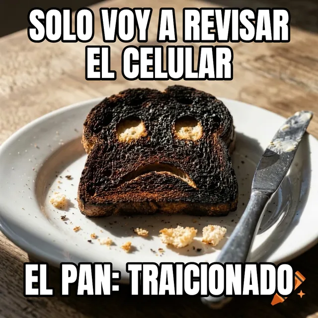Solo voy a revisar el celular / El pan: traicionado – Tostada quemada con una cara triste