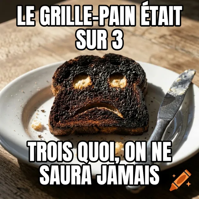 Le grille-pain était sur 3 / Trois quoi, on ne saura jamais – Pain grillé brûlé avec un visage triste