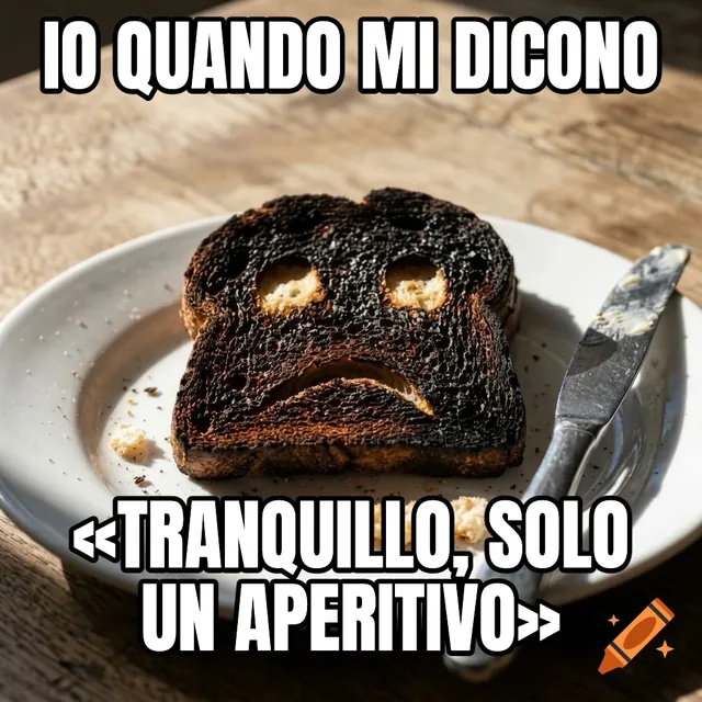 Io quando mi dicono / «Tranquillo, solo un aperitivo» – Pane tostato bruciato con una faccia triste