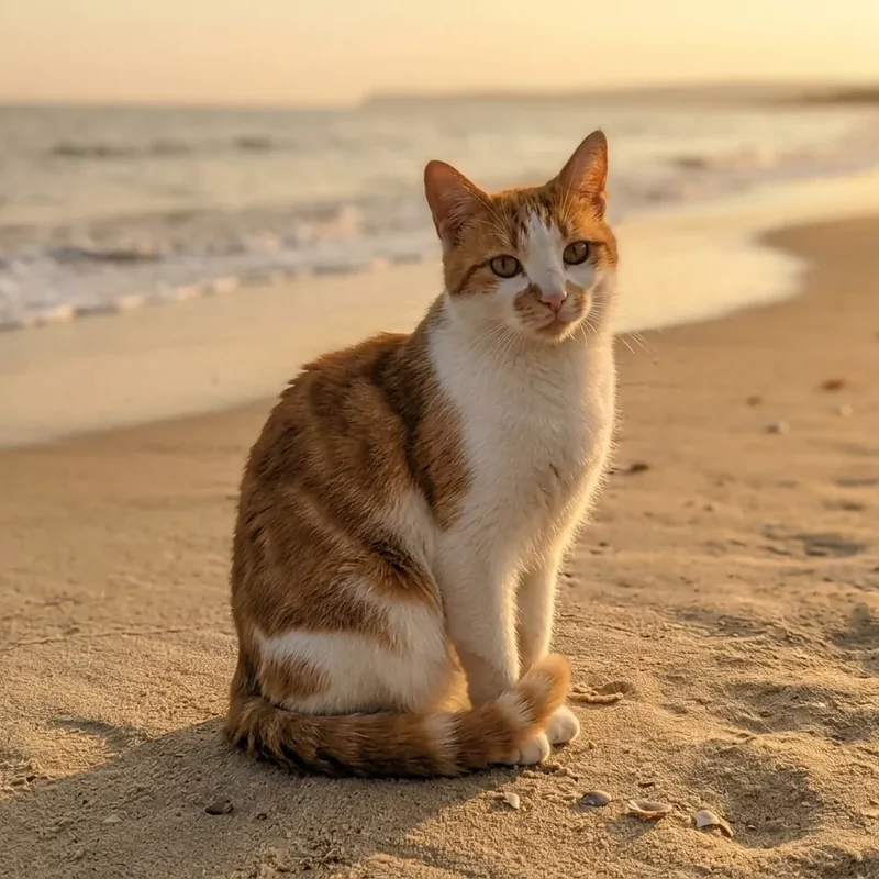 Setz die Katze an einen sonnigen Strand zur goldenen Stunde