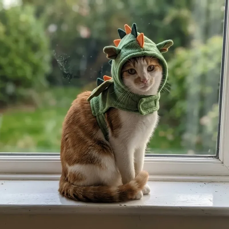 Zieh der Katze eine grüne Drachenkapuze an